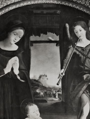 Brogi — Piero di Cosimo - sec. XVI - Madonna in adorazione del Bambino con san Giovannino e angeli: particolare — particolare
